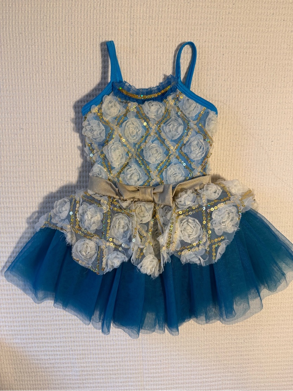 Blue and Gold Floral Tulle Kids Costume Dress